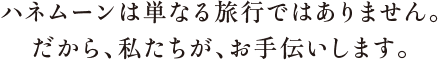 ハネムーンは単なる旅行ではありません。だから、私たちが、お手伝いします。